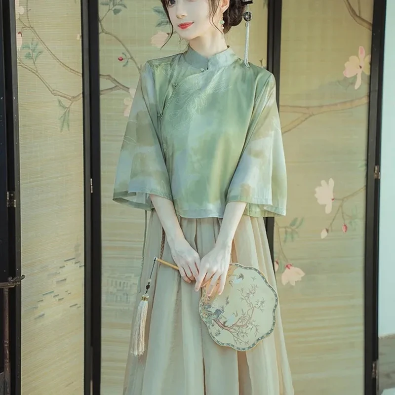 Традиционната китайска танкостюмная пола Hanfu Класическа окото на женската риза с принтом Следа Палто с Елегантна Блуза Рокля Дрехи Ориенталски костюм . ' - ' . 2