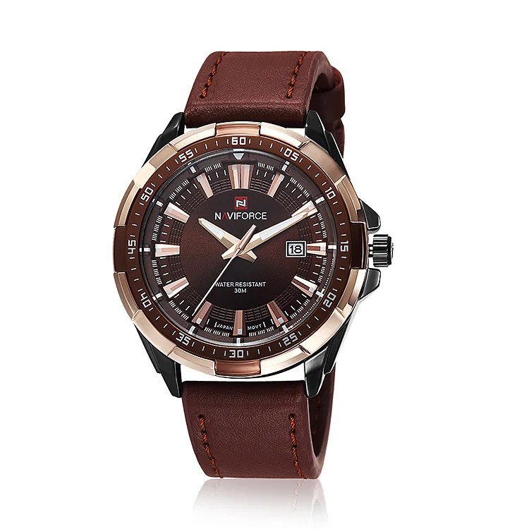 Мъжки часовник Naviforce, водоустойчиви спортни военни часовници за мъже, Мултифункционален хронограф, Модерни кварцови часовници от кожа . ' - ' . 0