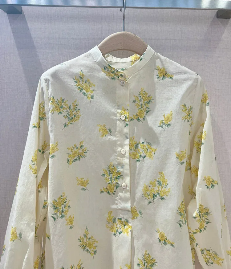 23 Europe Walk Show Висококачествена Дамска риза с висока яка от чист памук със златен цветен колосом и пресен селски стил . ' - ' . 1