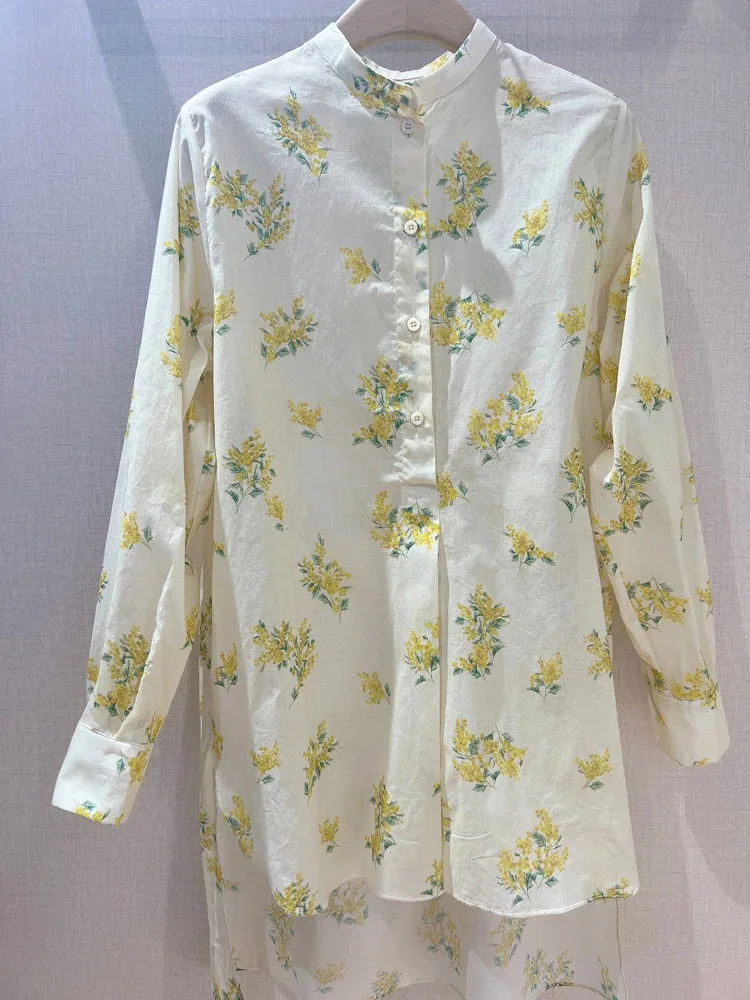 23 Europe Walk Show Висококачествена Дамска риза с висока яка от чист памук със златен цветен колосом и пресен селски стил . ' - ' . 2