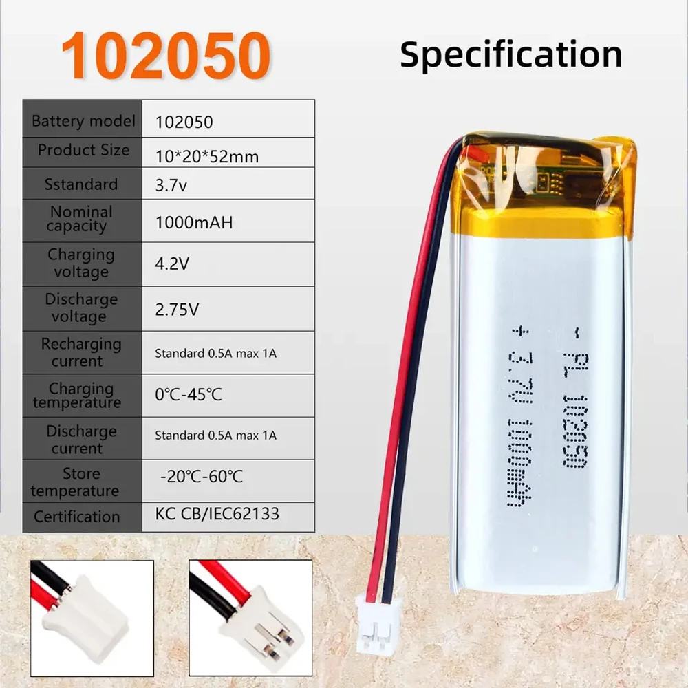 102050 3,7 1000 mah Lipo акумулаторна литиево-полимерна акумулаторна батерия за запис на козметичен инструмент, с печатна платка JST PH2.0 Щекер . ' - ' . 2