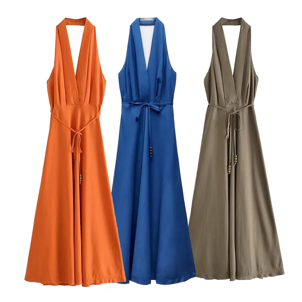 UNIZERA2023 Лятото Ново Дамско Модно Френското Висококачествено Ленено рокля Миди с V-образно деколте и отворен гръб за жени . ' - ' . 0