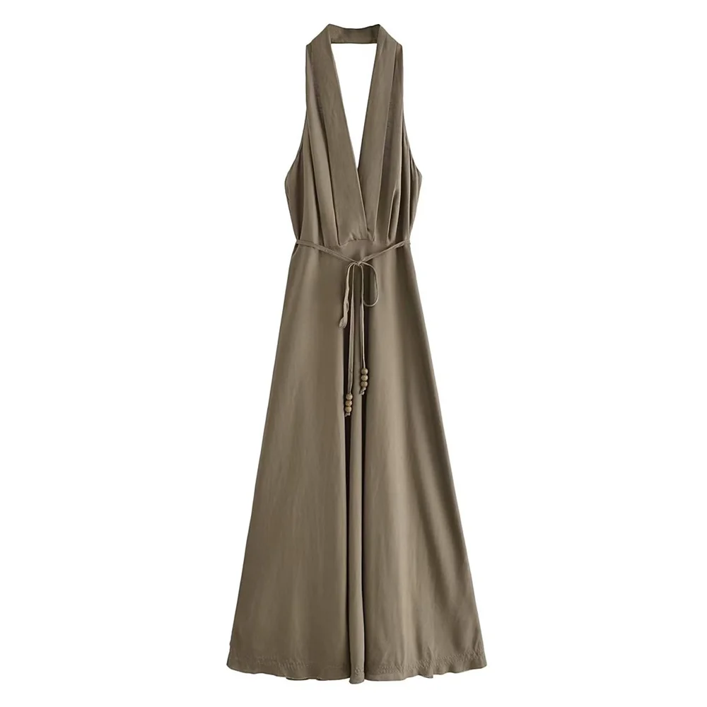 UNIZERA2023 Лятото Ново Дамско Модно Френското Висококачествено Ленено рокля Миди с V-образно деколте и отворен гръб за жени . ' - ' . 1