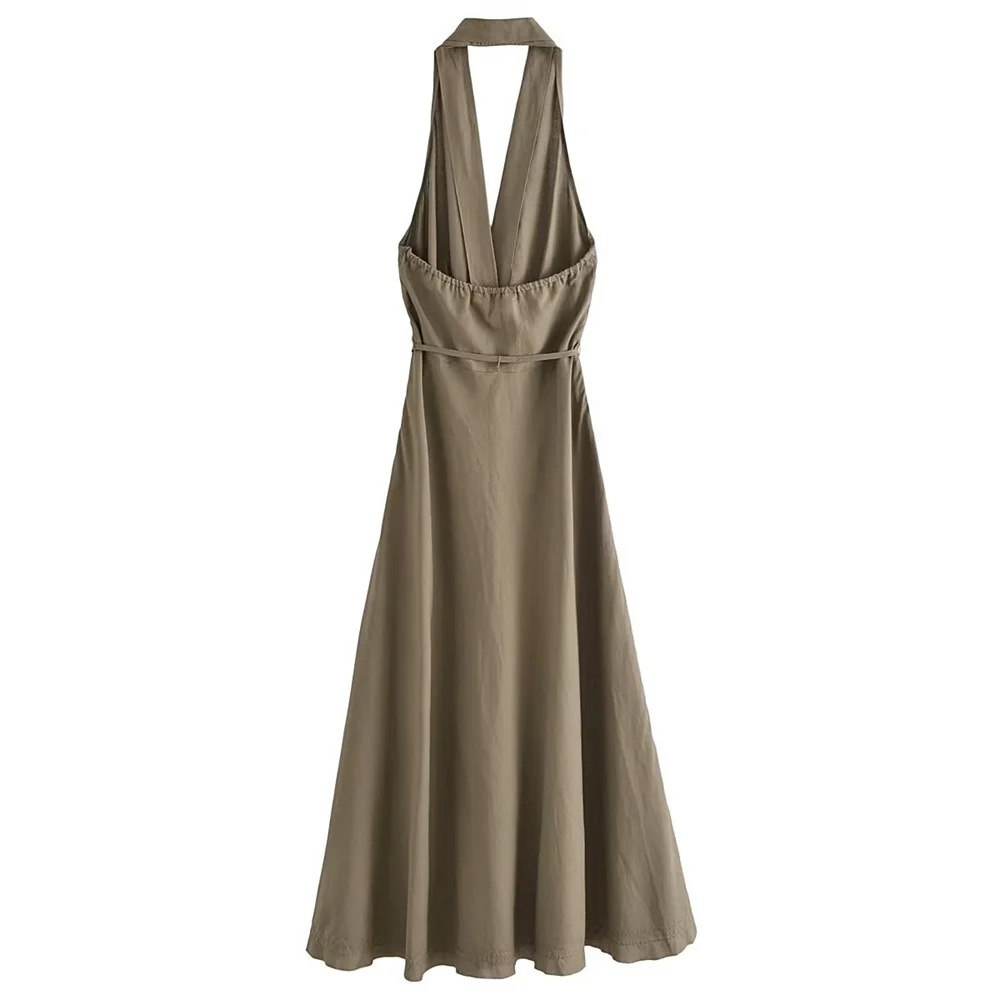 UNIZERA2023 Лятото Ново Дамско Модно Френското Висококачествено Ленено рокля Миди с V-образно деколте и отворен гръб за жени . ' - ' . 2