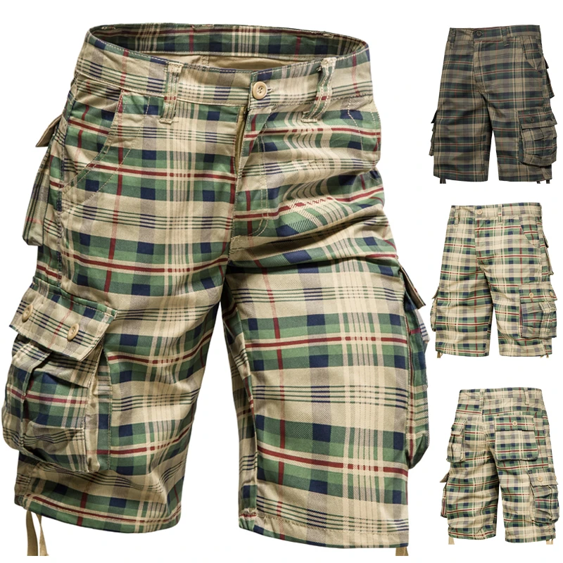 Мъжки Панталони среден размер, Летни Памучни Удобни Плажни панталони за спорт на открито, Трендови Каре шорти, Преки Свободни Панталони-карго Голям размер . ' - ' . 0