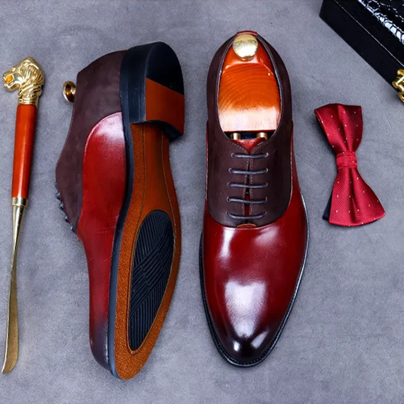 Мъжки ежедневни обувки на плоска подметка, Реколта oxfords ръчно изработени, луксозни мъжки обувки черен цвят бордо от естествена телешка кожа с перфорации тип 
