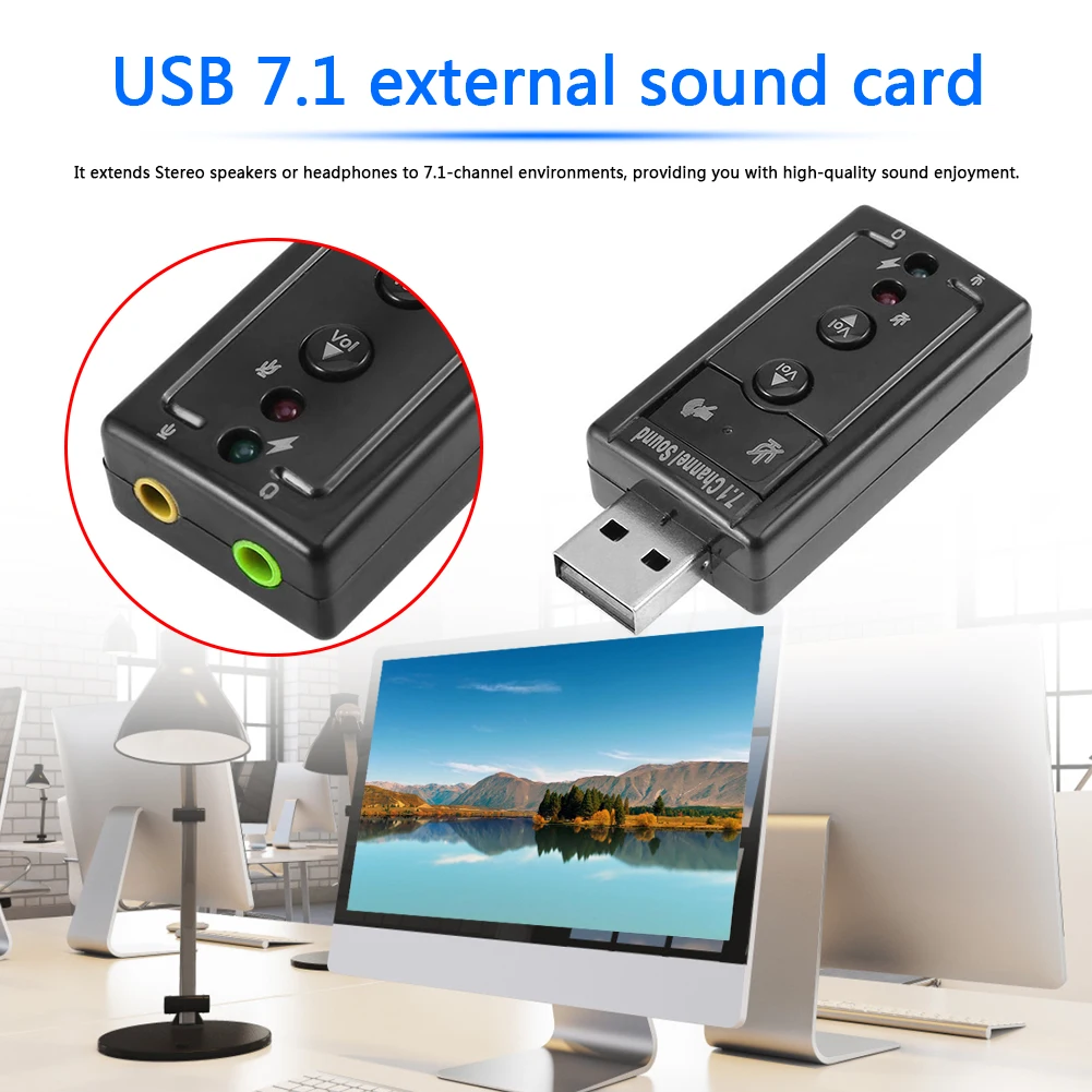 За настолен компютър, лаптоп, звукова карта USB 7,1, 3,5 мм, микрофон жак за слушалки, аудиоадаптера . ' - ' . 2