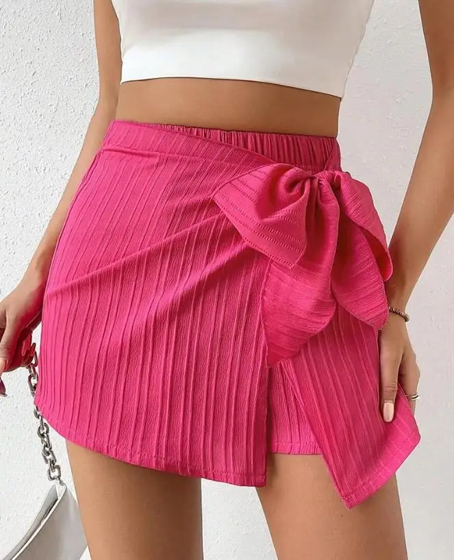 Дамски модни прости къси панталони с високо качество, с розов нос, ежедневни текстурирани шорти с висока талия, свеж и сладък стил . ' - ' . 0