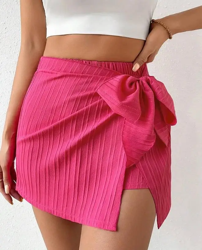 Дамски модни прости къси панталони с високо качество, с розов нос, ежедневни текстурирани шорти с висока талия, свеж и сладък стил . ' - ' . 1