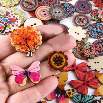50 бр., Аксесоари за шиене на дрехи, направени със собствените си ръце, копчета за scrapbooking, боядисана пеперуда, дървени пуговица във формата на сърце, цветни