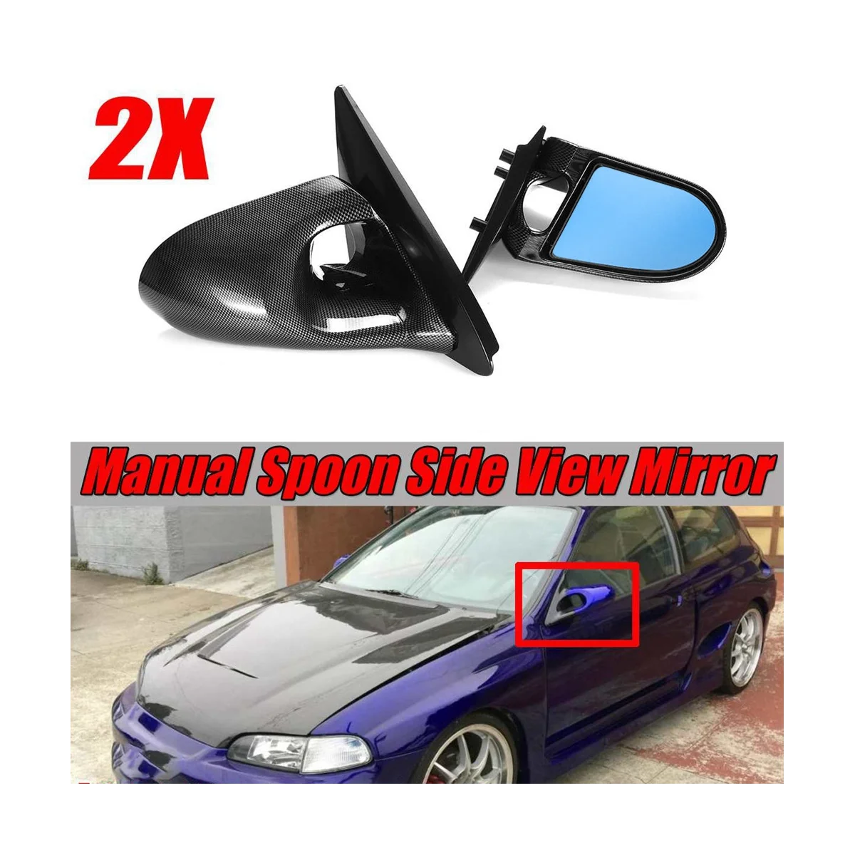 Ръчно Регулируема Лъжица Стил 2X Огледало Странично на вратата на Колата на Огледалото за обратно виждане в Събирането за Honda Civic EG 2Dr 1992-1995 A . ' - ' . 1