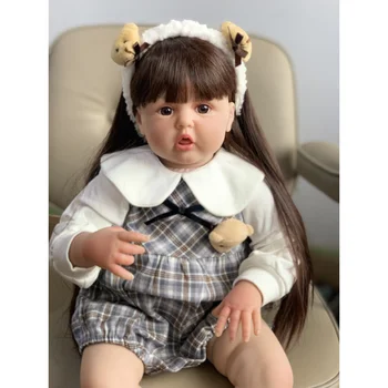 55 см Мека vinyl Възстановената момиче на 22 инча Кукли-реборн С Дълга кестенява коса, реалистична играчка, подарък за рожден Ден на дете
