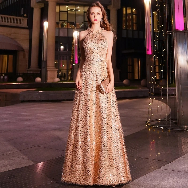 Елегантен Златен Дълга вечерна рокля, Секси Дантелено рокля за бала, Тържествено Vestido De Феста . ' - ' . 0