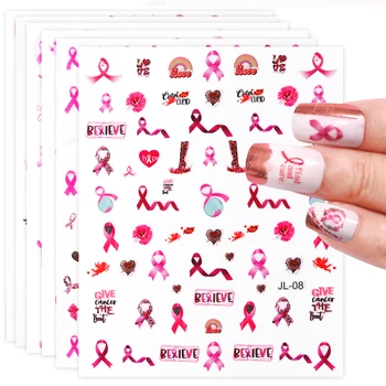 6 Листа Стикери за дизайн на ноктите от рак на млечната жлеза, 3D самозалепващи стикери за нокти, Розова лента, Дизайн с букви във формата на сърце, Маникюр, слайдер, Декорация за нокти