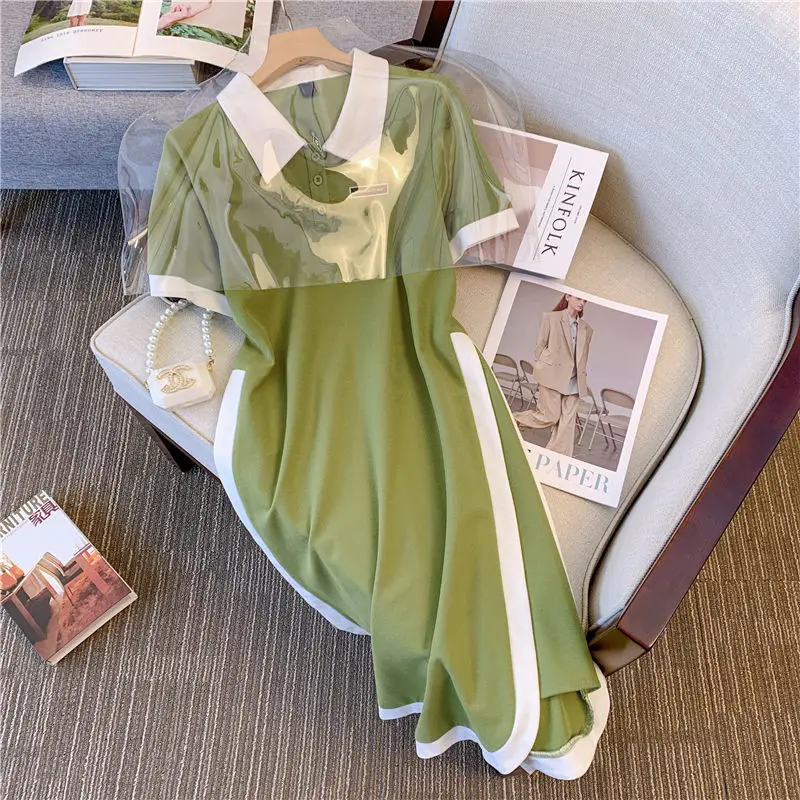 200 елегантна рокля-поло с кръгло деколте в контрастен цвят за годишна възраст, проста пола-trapeze в стил мозайка средна дължина . ' - ' . 3