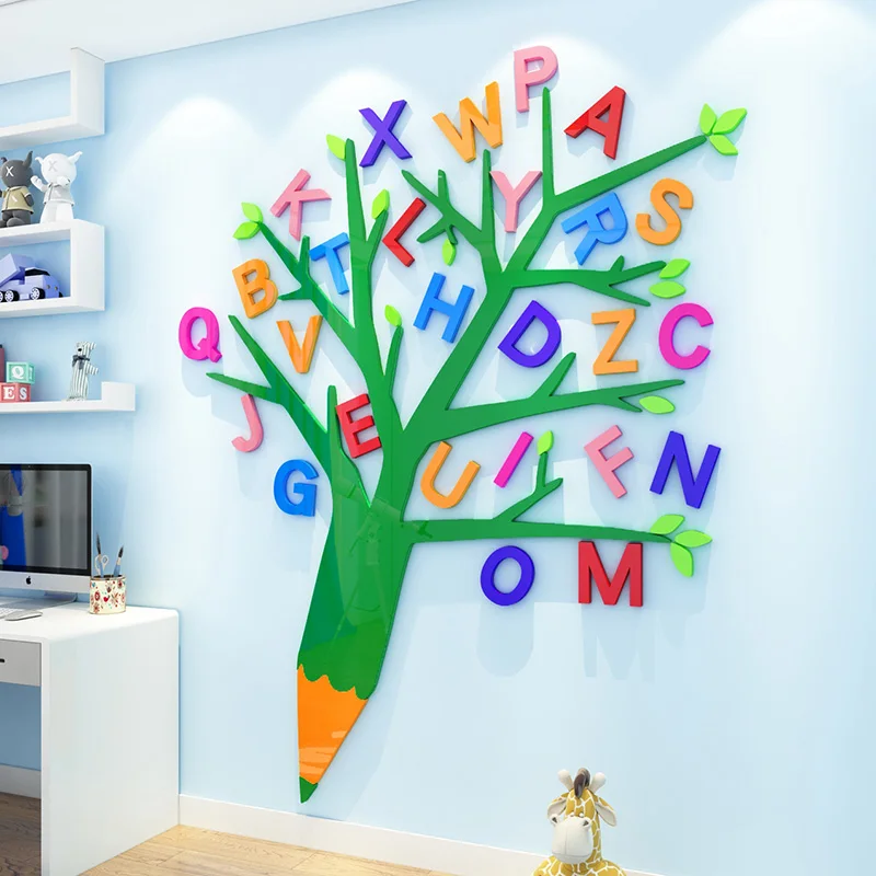 3D писмо Дърво Креативен САМ акрилни стикер на стената за детска стая, коридор, детска градина Спални Декорация на дома Стикери за стена . ' - ' . 4