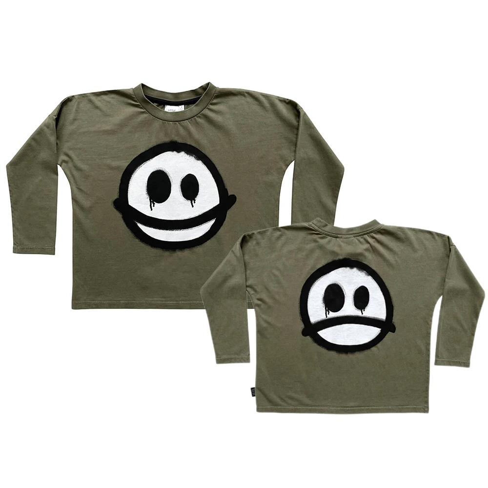 В наличност 2023 A /W Есенна тениска LMH с принтом Happy Еад, Армията Зелена тениска с дълъг ръкав, Эмодзи с усмивка, Черна тениска с дълъг ръкав . ' - ' . 2