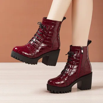 8 см, малък размер 32-43, британска обувки на платформа с дебела подметка, есен-зима 2023, кожени къси ботильоны на висок ток 2023 за жени