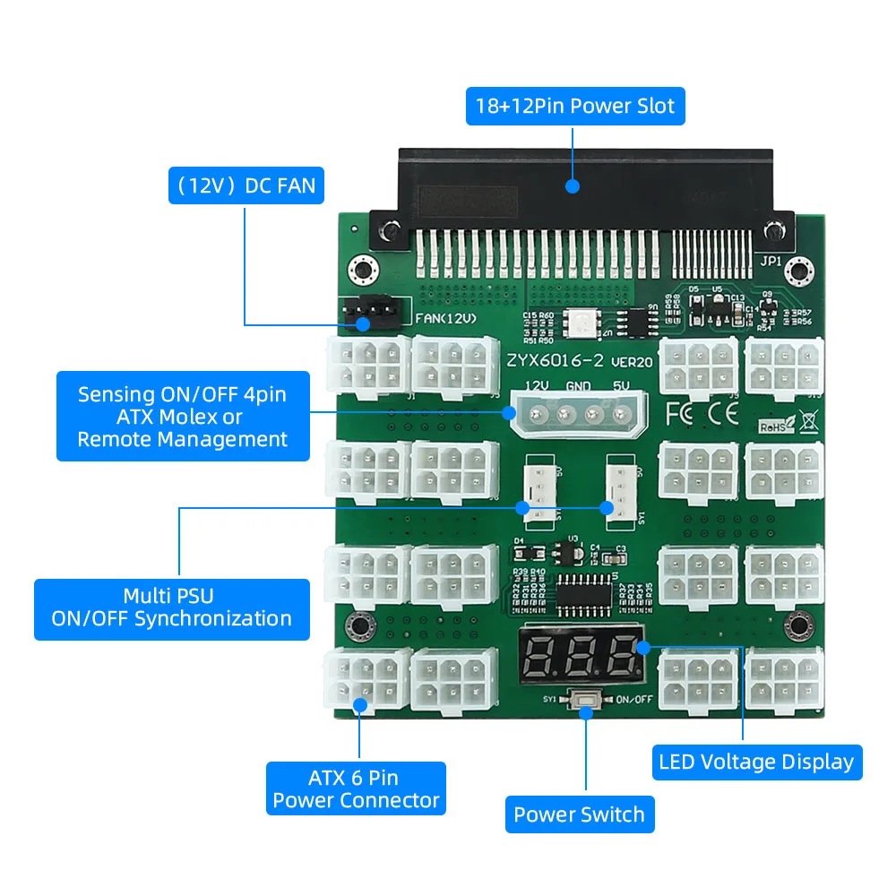 Обновете конектор за захранване ATX 18 + 12PIN до 16x 6Pin захранване Breakout Board Адаптер Преобразувател 12V за захранване Dell и майнинга БТК . ' - ' . 4