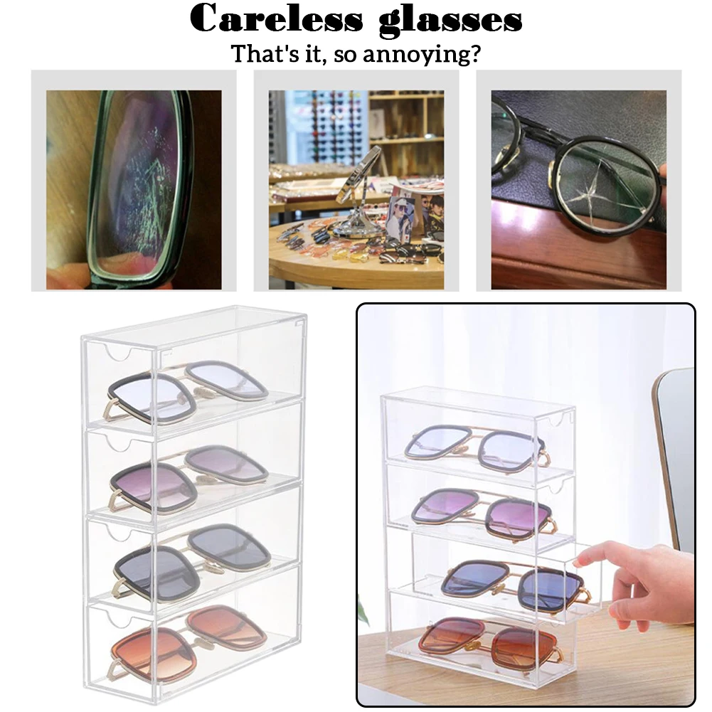4-Слойная настолна кутия за очила, накладываемый прозрачен калъф за очила, компактен пылезащитная кутия за съхранение на слънчеви очила . ' - ' . 4