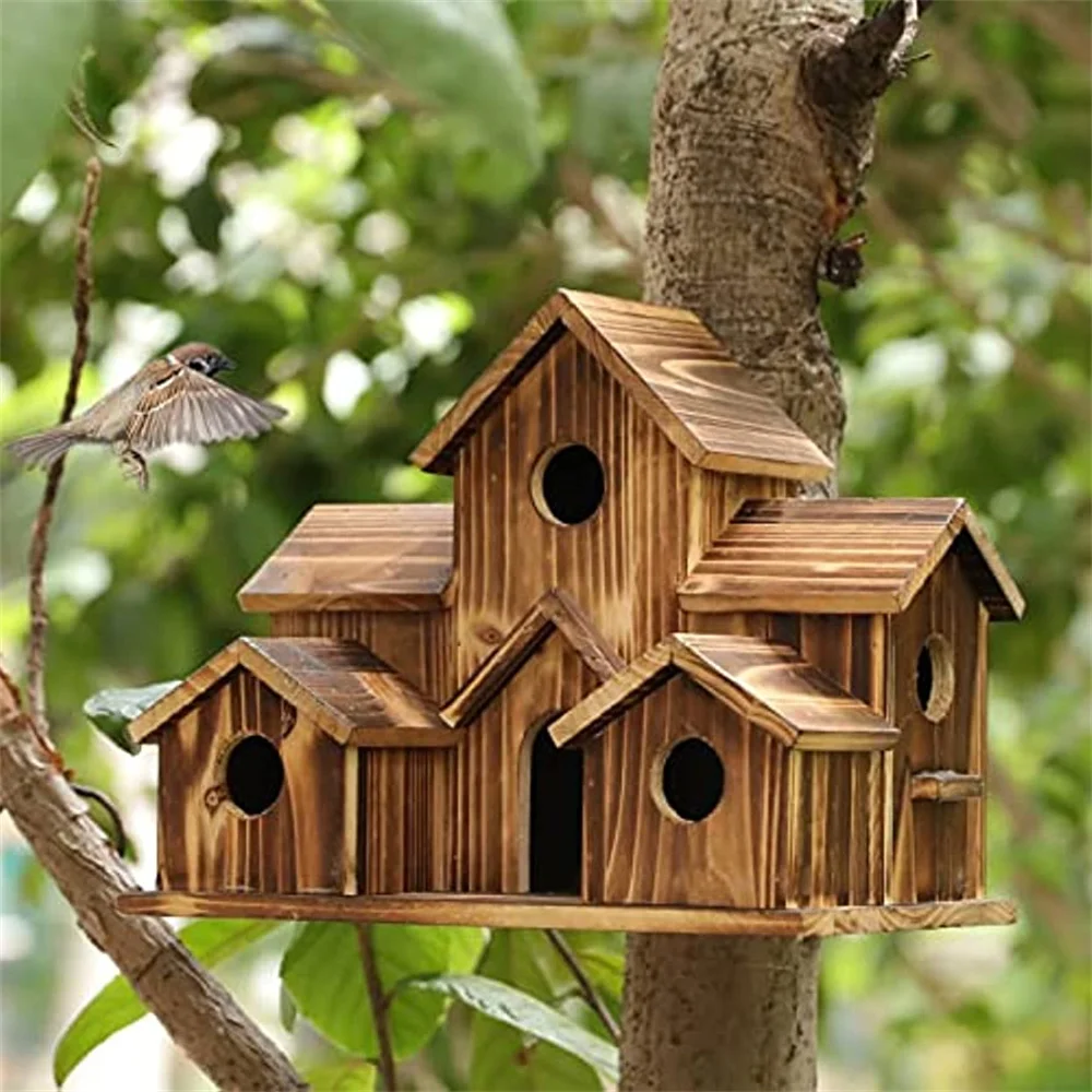 Дървен Окачен Птичи Къща на 6 Дупки Ръчно изработени от естествени птичи гнезда за Външни декор Двор Двор Градина . ' - ' . 1