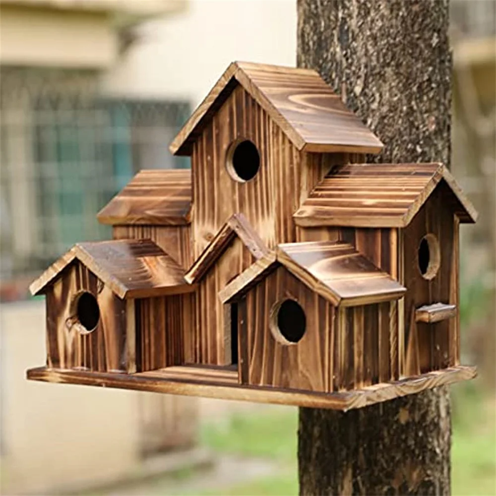 Дървен Окачен Птичи Къща на 6 Дупки Ръчно изработени от естествени птичи гнезда за Външни декор Двор Двор Градина . ' - ' . 2