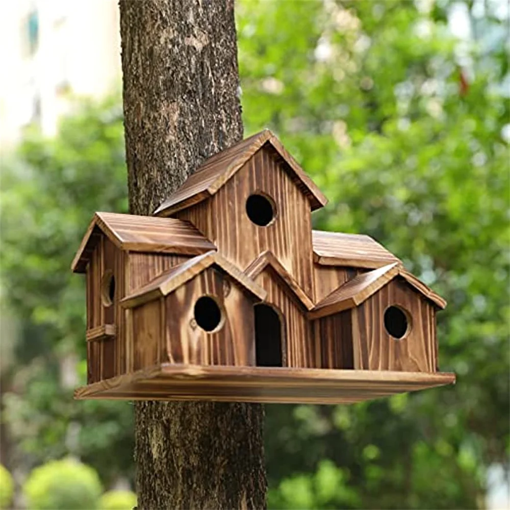 Дървен Окачен Птичи Къща на 6 Дупки Ръчно изработени от естествени птичи гнезда за Външни декор Двор Двор Градина . ' - ' . 3
