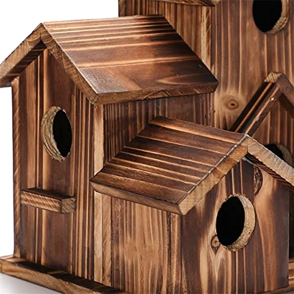 Дървен Окачен Птичи Къща на 6 Дупки Ръчно изработени от естествени птичи гнезда за Външни декор Двор Двор Градина . ' - ' . 4