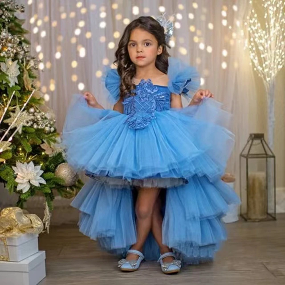 Рокля с цветя модел за момичета, Сини рокли с къс ръкав за Сватби, Фатиновые апликации, Вечерни рокли за Първо причастие, ниско/високо на принцеса рокля, бална рокля . ' - ' . 0