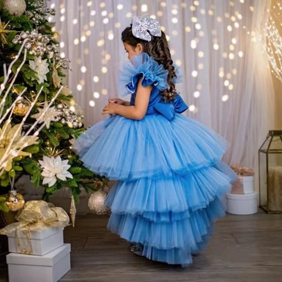Рокля с цветя модел за момичета, Сини рокли с къс ръкав за Сватби, Фатиновые апликации, Вечерни рокли за Първо причастие, ниско/високо на принцеса рокля, бална рокля . ' - ' . 2