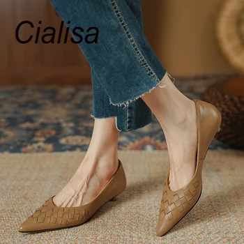 Cialisa/ Обувки с остър пръсти; Колекция 2023 г.; Есента на модни дамски обувки от естествена кожа, ръчна изработка, Удобни Дамски обувки на равна подметка, без стягане; 40
