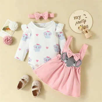 Citgeett/ Есен Сладък дрехи за новородени момичета, гащеризон с дълги ръкави и принтом, розова пола на подтяжках, есенна превръзка на главата