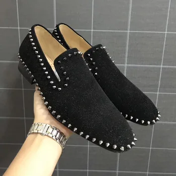 DYNJASONCGK/ Модна Марка Луксозни Кожени обувки с нитове и шипове, Мъжки Лоферы без закопчалка, Висококачествени Мъжки обувки на равна подметка, Черна Ежедневни Обувки