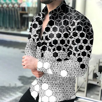 EWSFV 2021, Есен популярната Мъжка риза с дълги ръкави, Най-голям размер, Ежедневни Мъжки тънка риза с градиентным геометричен модел