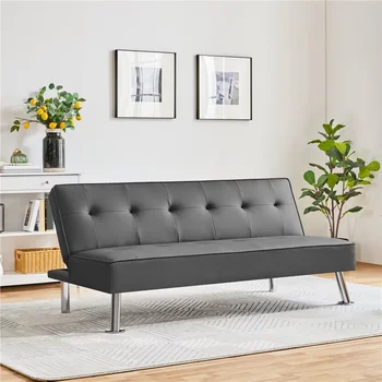 Foldout разтегателен диван-futon от изкуствена кожа с хромирани метални крака, здрав и издръжлив, 65,60x31,50x30,00 инча