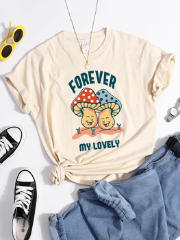 Forever My Lovely Cartoons Mushroom Женска Тениска Удобна Лятна Корея Реколта Дрехи с Къс Ръкав Модни и Ежедневни Тениска