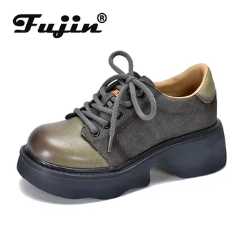 Fujin 5 см, Лоферы-Oxfords, Обувки от волска кожа, естествена кожа, есенни дамски кънки, дишаща етническа дъска Platorm, обувки на танкетке