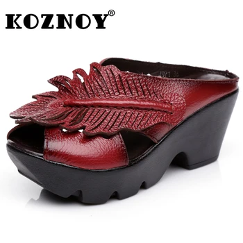 Koznoy / Дамски сандали 7 см, Сандали с етнически апликации, Лятна новост, Сандали от естествена кожа, Луксозна елегантни обувки за почивка в платформата