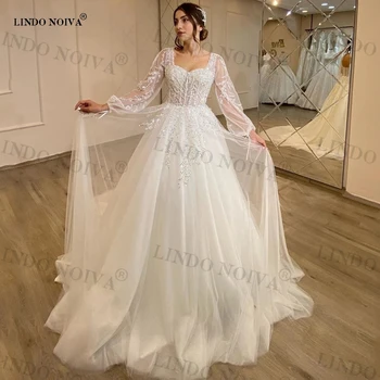 LINDO NOIVA 2023, Бели Сватбени рокли от Тюл с дантела аппликацией, Мила Грация, Буйни ръкави, Сватбени рокли Принцеса Трапецовидна форма, по-Големи размери