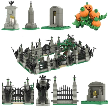 MOC Хелоуин Гробище градивните елементи на Къщата С Духове Имение Статуя на Смъртта Ограда Дърво Фигурки Скелети Тухли Играчки Подарък