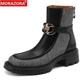 MORAZORA/2023, Нови обувки от естествена кожа, дамски ботильоны на средно квадратен ток с цип отзад, къса обувки на платформа с метална верига