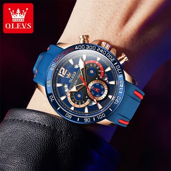 OLEVS 9936 Спортни кварцов мъжки часовник, Оригинален ръчен часовник с хронограф, Водоустойчив светещи календар, Модерен часовник, с каишка силикон