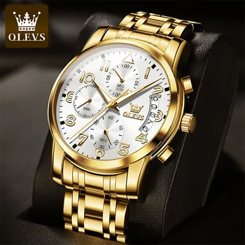 OLEVS, Нови мъжки часовници, Луксозни оригинални водоустойчив часовник от неръждаема стомана за мъже, кварцов часовник с нежна дата, Златни мъжки часовник
