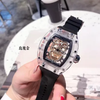 RM Бизнес Мода Прозрачен сплав с резным черепа, 3-пинов автоматично кварцов часовник AAA, титановая обтегач, прозрачен корпус