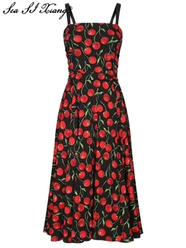 Seasixiang Модно дизайнерско рокля от 100% естествена коприна началото на есента, Женствена рокля на спагети презрамки с черешов принтом, Елегантна вечерна рокля с отворен гръб в Гънките на