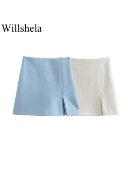 Willshela, дамски модни обикновена мини пола с цип с цепка отстрани, Шорти, Реколта дамски Шик шорти с висока талия