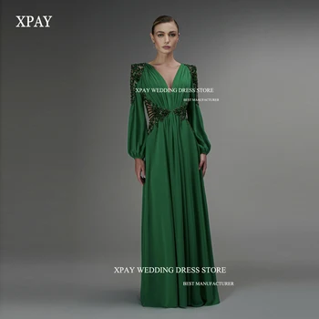 XPAY Реколта Зелена Вечерна Рокля с V-образно деколте, Дълги Ръкави, Апликация с Дължина до пода, Дубай, Арабия, Дамски официални Рокли, Вечерни рокли за бала