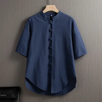 Yourqipao Бельо Риза Мъжки 2023, Китайска Реколта риза с къс ръкав и копчета, Риза с Висока яка, Без Топ Голям Размер