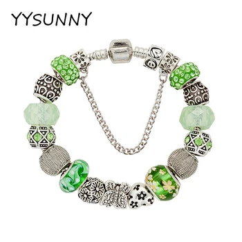 YYSUNNY, гривна с висулки във формата на цветя и пеперуди, елегантен гривна-верижка от зелен камък 