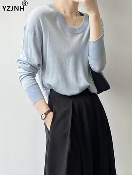 YZJNH 2023, Есен Нова тънка трикотажная тениска с кръгло деколте за жени, Свободен ден за ден обикновен пуловер, топ за жени